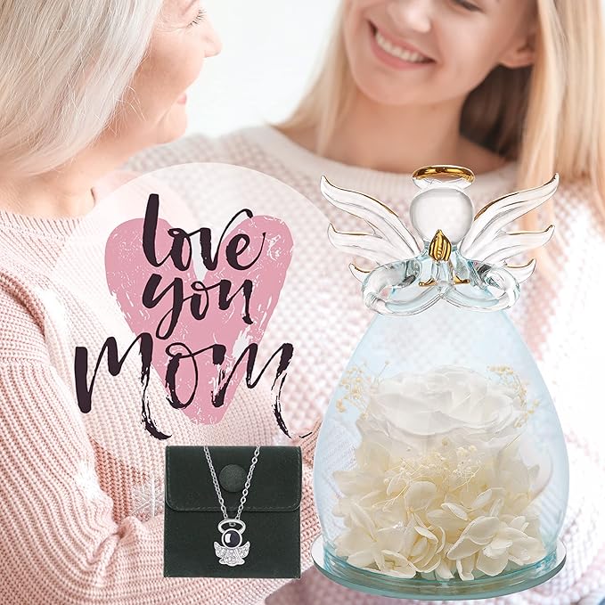 ANLUNOB Preserved Rose Birthday Gifts for Women Mom Grandma Wife, Glass Angel Figurines Gifts with Pretty White Flowers for Anniversary Wedding