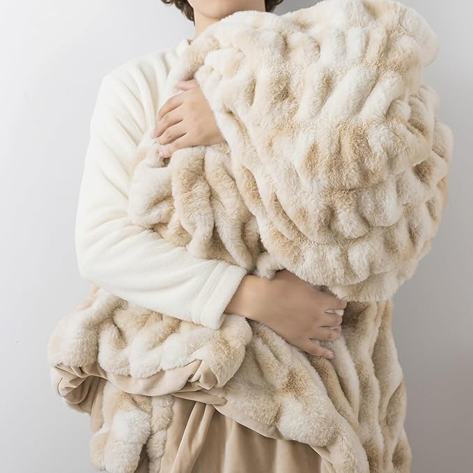 WDCOZY Ruched Faux Fur Throw Blanket Soft Cozy Fluffy Luxurious Blankets Couch Bed Sofa Chair Home Decor Warm Furry Fall Winter Plush Rabbit Fur Bubble Blanket 50" x 60", Caramel