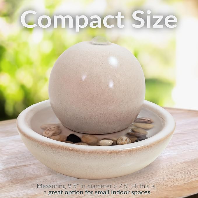Sunnydaze Tabletop Ceramic Tabletop Fountain with Orb - Relaxing Indoor Fountain for Meditation - for Office, Bedroom, or Living Room - White