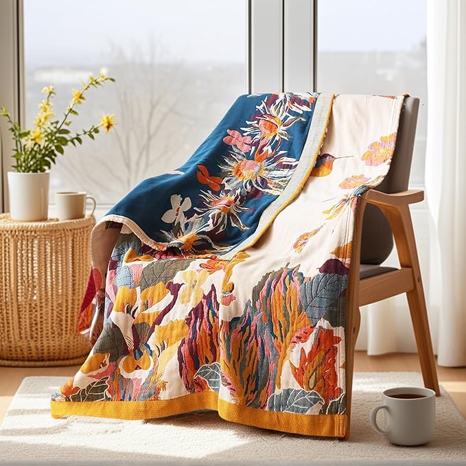 Boho Throw Blanket, 100% Organic Cotton Breathable Ultra Soft Bed Cover 50" x 60" Throw - All Season Rustic Floral Farmhouse Decor Blanket for Sofa Couch Chair and Gift-Beige