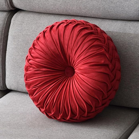 1 Pcs Round Throw Pillow Velvet Home Decoration Pleated 3D Pumpkin Pillow Cushion for Couch Chair Bed Car 14.17" (Red)