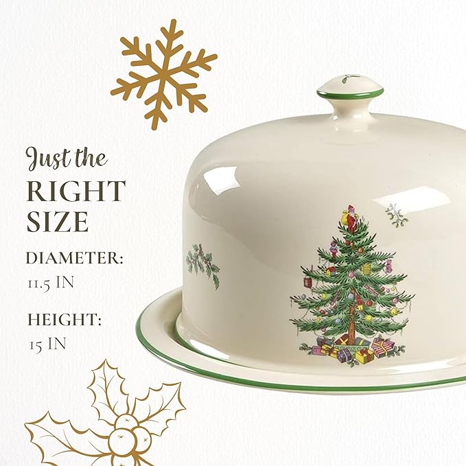 Spode Christmas Tree 2 Piece Serving Platter with Dome Set - Ceramic Holiday Serving Tray for Cakes, Desserts, Side Dishes - Microwave, Oven, Dishwasher Safe Christmas Serveware