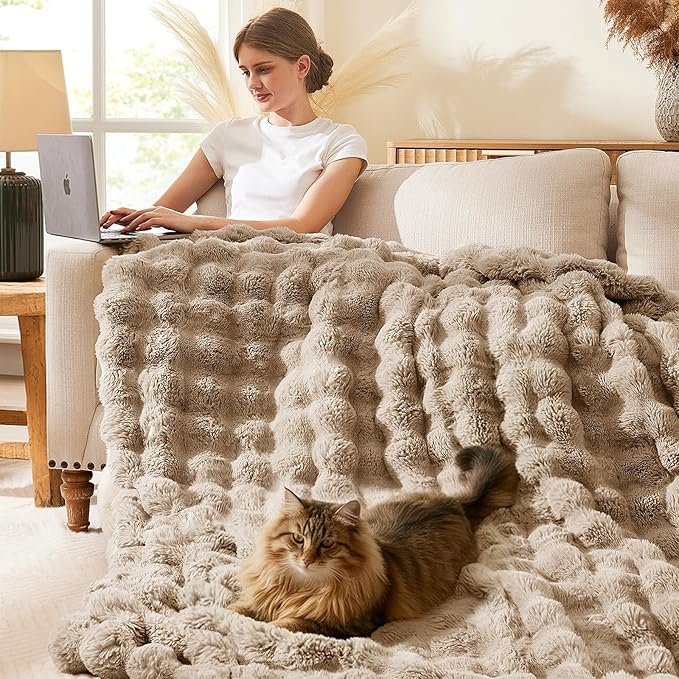 L'AGRATY Faux Fur Throw Blanket: 50" x 60" Luxury Soft Fluffy Rabbit Fur Blankets Twin for Couch Bed Sofa - Cozy Plush Bubble Blankets for Winter: Flannel Fleece Decorative Blanket(Light Linen)