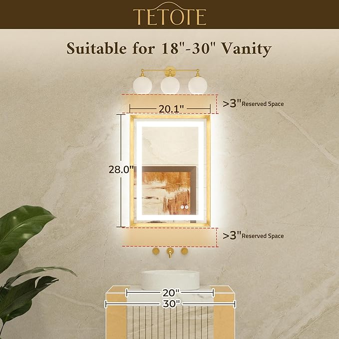 TETOTE 20 x 28 Bathroom LED Mirror Brushed Gold Metal Frame Frontlit & Backlit Vanity Mirror Anti-Fog Stepless Dimmable 3 Colors White/Warm/Natural Vanity with Lights Wall-Mounted