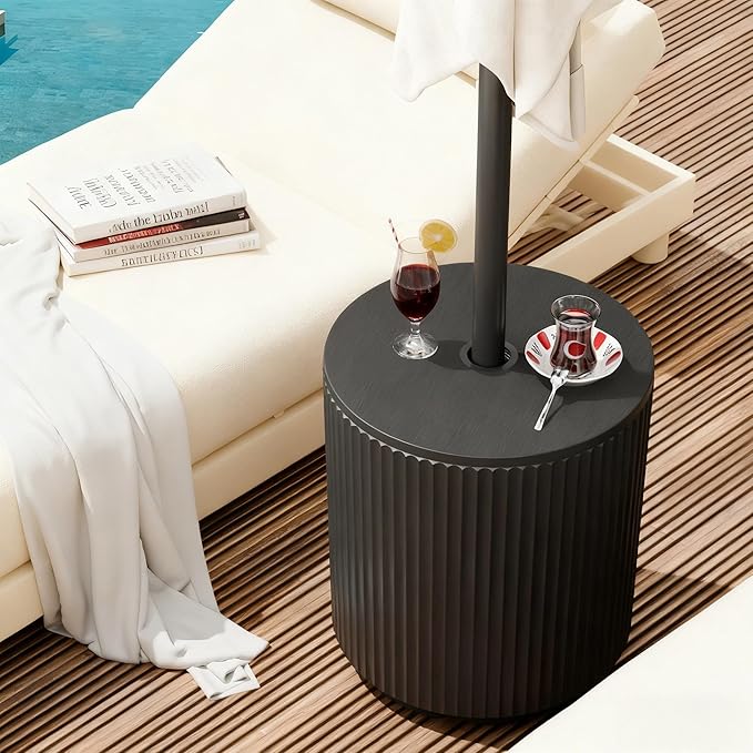 Outdoor Side Table with Umbrella Hole, Stylish Umbrella Base Outdoor Patio or Beach, Umbrella Stand Fits Up to 1.9" Pole, Patio Umbrella Base for Garden, Deck & Lawn, Black