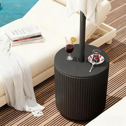 Outdoor Side Table with Umbrella Hole, Stylish Umbrella Base Outdoor Patio or Beach, Umbrella Stand Fits Up to 1.9" Pole, Patio Umbrella Base for Garden, Deck & Lawn, Black