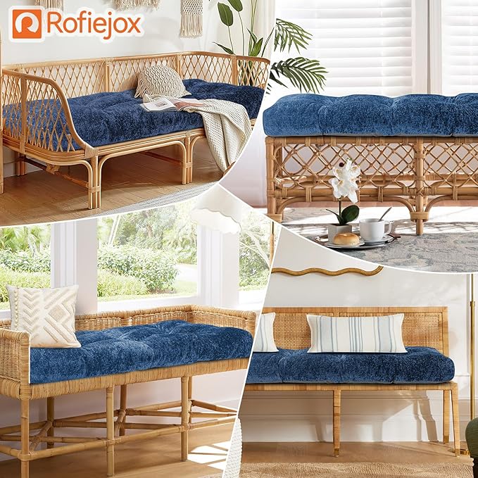 Bench Cushion 45 Inch - Luxury Chenille, High-Density Memory Foam, Non-Slip Bottom, Soft Durable Indoor Tufted Long Seat Cushion for Window Garden Furniture (Blue, 45x18x4 Inch)