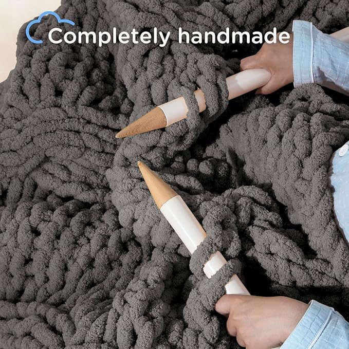 Chunky Knit Blanket Throw - 100% Hand Knitted Chunky Soft Throw Blanket for Couch, Thick and Warm for Winter, Dark Grey, 40x50 Inches