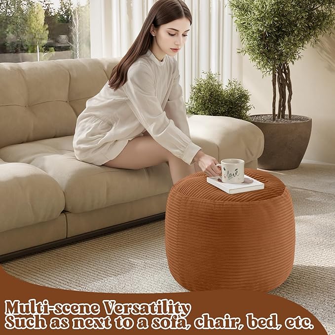 MeMoreCool Stuffed Round Pouf Ottoman Foot Rest, Floor Pouf Foot Stool with Soft Foam Chunk Filling, Round Small Ottoman Footstool Circle Footrest for Couch Living Room, Corduroy Coffee
