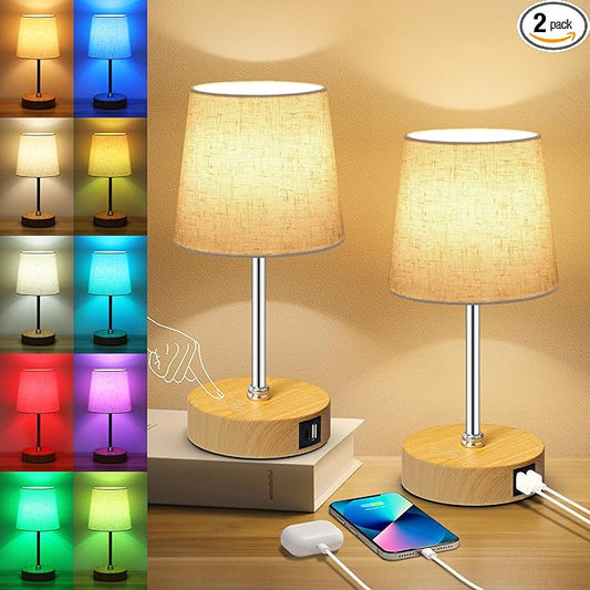 Ascher Small Bedside Table lamp Set of 2, RGB Color Changing Lamps, 3 Color Temperatures, Stepless Dimmable, Nightstand Lamp with USB C+A Ports for Bedroom Living Room, (Flaxen Shade, Wood Grain Base)