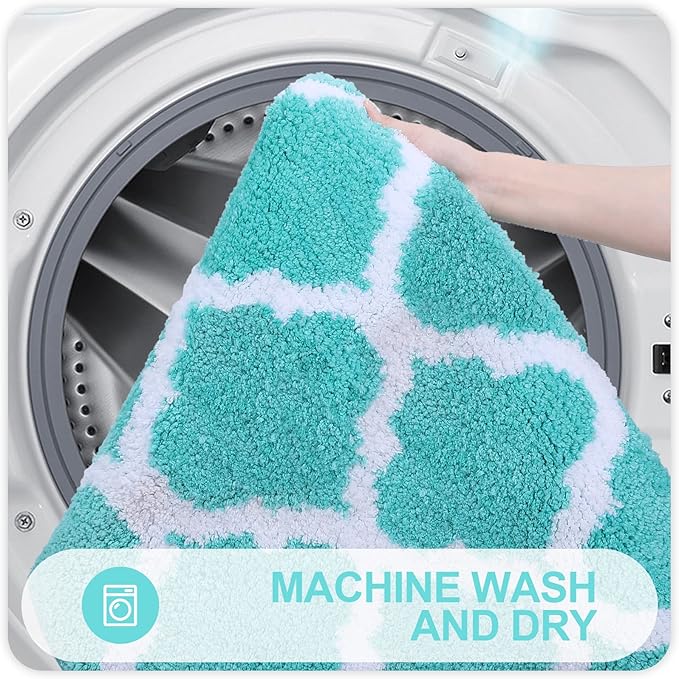 OLANLY Bathroom Rugs 24x16, Soft and Absorbent Microfiber Bath Rugs, Non-Slip Shaggy Shower Carpet, Machine Wash Dry, Bath Mats for Bathroom Floor, Tub and Shower, Turquoise