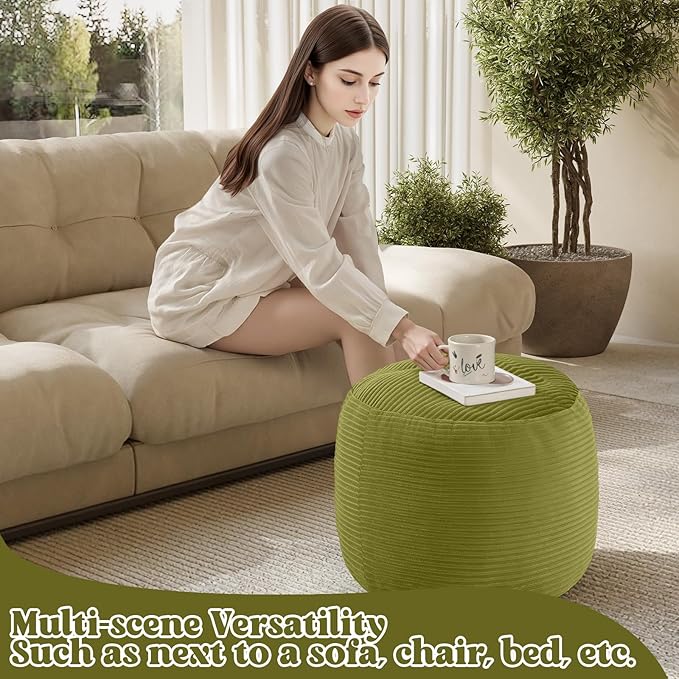 MeMoreCool Stuffed Round Pouf Ottoman Foot Rest, Floor Pouf Foot Stool with Soft Foam Chunk Filling, Round Small Ottoman Footstool Circle Footrest for Couch Living Room, Corduroy Green