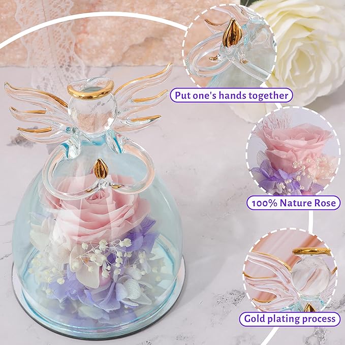 ANLUNOB Preserved Rose Birthday Gifts for Women Mom Grandma Wife, Glass Angel Figurines Gifts with Pretty Flesh Pink Flowers for Anniversary Wedding