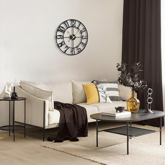 Large Wall Clocks for Living Room Decor, 18 Inch Round Black Metal Silent Non Ticking Battery Operated Jumbo Numerals Modern Vintage Decorative Clock Wall for Bedroom,Kitchen,Office,Farmhouse