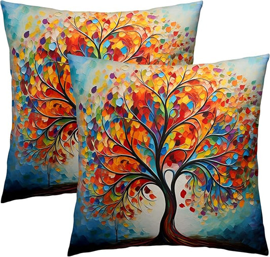 Colorful Tree Painting Pillow Cover - Watercolor Trees Throw Pillow Covers 20x20 Set of 2 Botanical Throw Pillow Covers Forest Pillowcase Spring Summer Decor for Indoor Outdoor