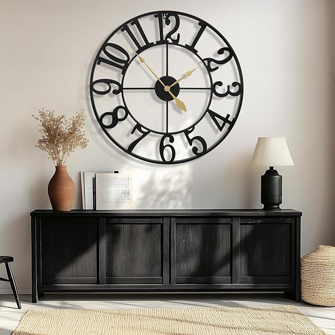 40 Inch Large Wall Clocks, Retro Black Metal Arabic Numerals Battery Operated Nearly Silent Oversize Decorative Clocks Wall for Living Room, Farmhouse, Entrance,Shop,Office Decor
