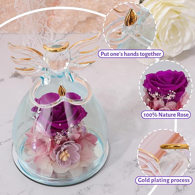 ANLUNOB Preserved Rose Birthday Gifts for Women Mom Grandma Wife, Glass Angel Figurines Gifts with Pretty Purple Flowers for Anniversary Wedding