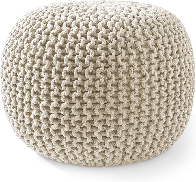 Casafield Round Pouf Ottoman, Natural - 20" Diameter x 14.5" High Cotton Knit Foot Stool - Boho Floor Pouffe for Living Room, Bedroom, Home Office