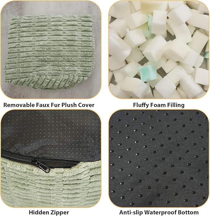 Round Stuffed Pouf Ottoman for Foot Rest, Storage Ottoman Pouf Foot Stool Cushion, Faux Fur Poufs with Foam Chunk Filling, 20 X 15 Inch Floor Chair for Living Room Bedroom Home Decor, Green