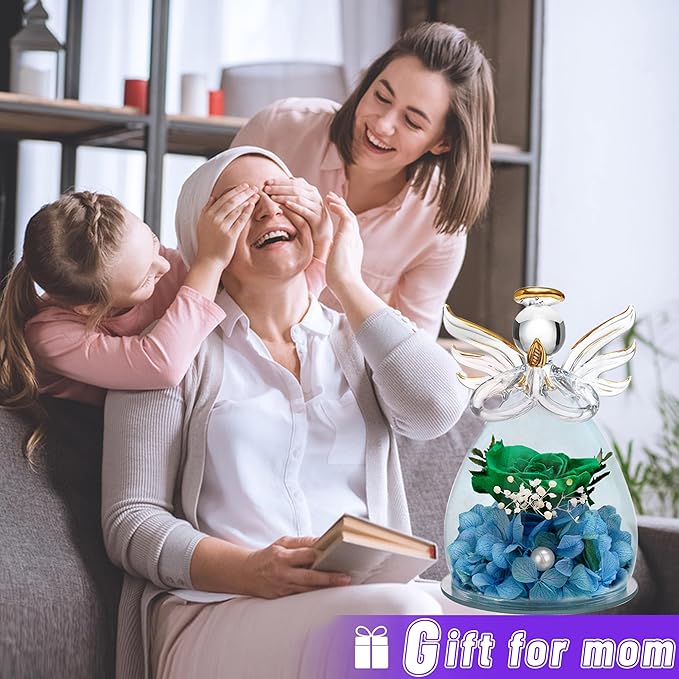 ANLUNOB Preserved Rose Birthday Gifts for Women Mom Grandma Wife, Glass Angel Figurines Gifts with Pretty Green Flowers for Anniversary Wedding