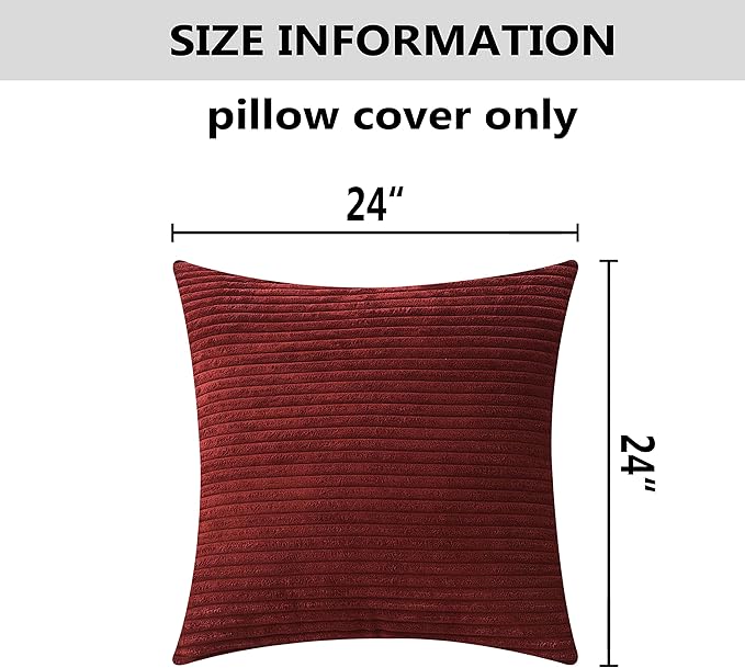 Home Brilliant Pillow Cover 24x24 Striped Corduroy Textured Plush Velvet Euro Sham Dark Red Pillow Cover for Sofa Christmas Decor, 24 x 24 inch, Burgundy