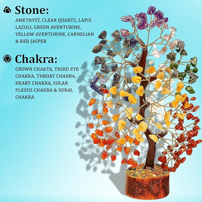 Seven Chakra Crystal Tree — Healing Crystal 7 Chakra Tree for Chakra Balancing, Feng Shui Decor, Meditation, Reiki, Good Luck Home & Office Decoration — Gemstone Spiritual Gift for Women & Men
