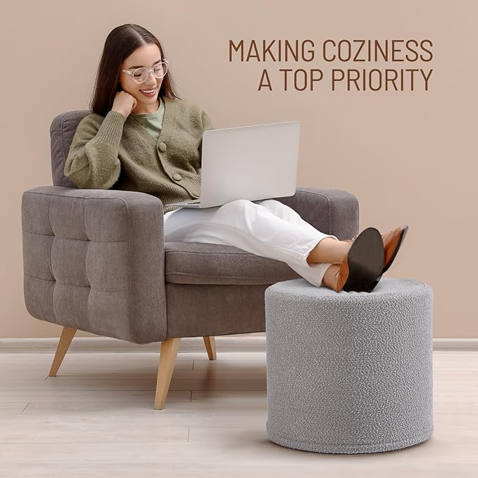 Round Pouf Ottoman and Foot Rest, Soft Boucle Footstool Ottomans for Living Room, Comfort Sponge Stuffed Poofs for Couch Desk Resting Your Feet, Grey(17.1" D x 17.1" W x 14" H)