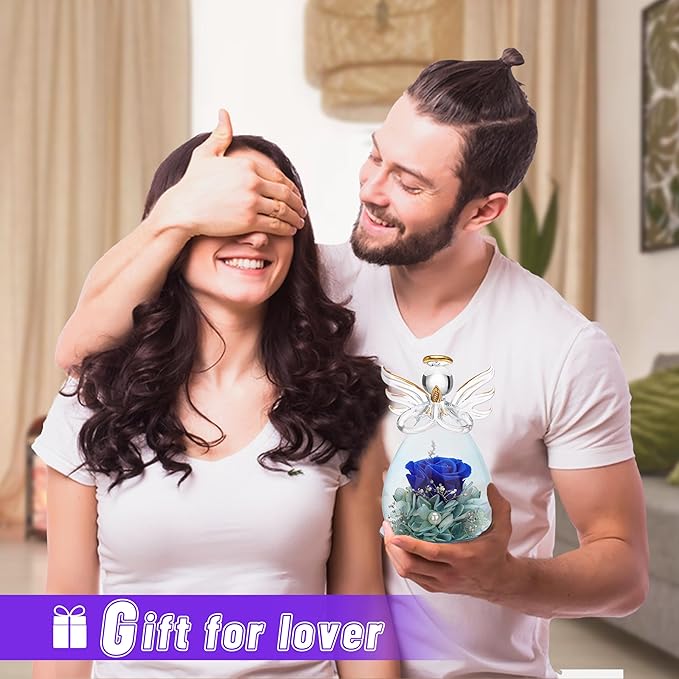 ANLUNOB Preserved Rose Birthday Gifts for Women Mom Grandma Wife, Glass Angel Figurines Gifts with Pretty Dark Blue Flowers for Anniversary Wedding