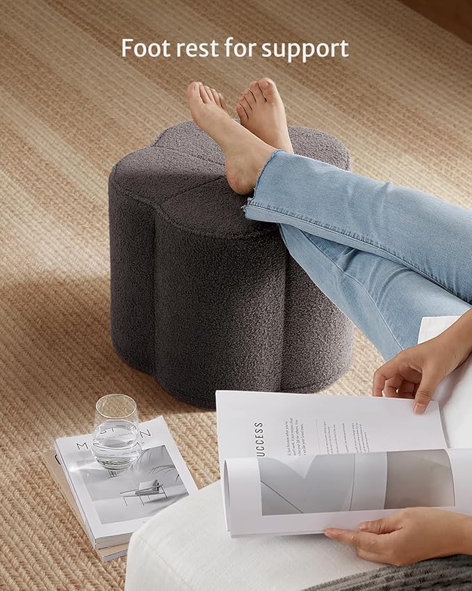 Blissful Diary Flower Pouf Ottoman, Comfy Floral Ottoman for Living Room, Bedroom, Kids Room, Charm Floor Pouf for Home Decor, Full Foam Filling Foot Rest for Couch, Dark Grey