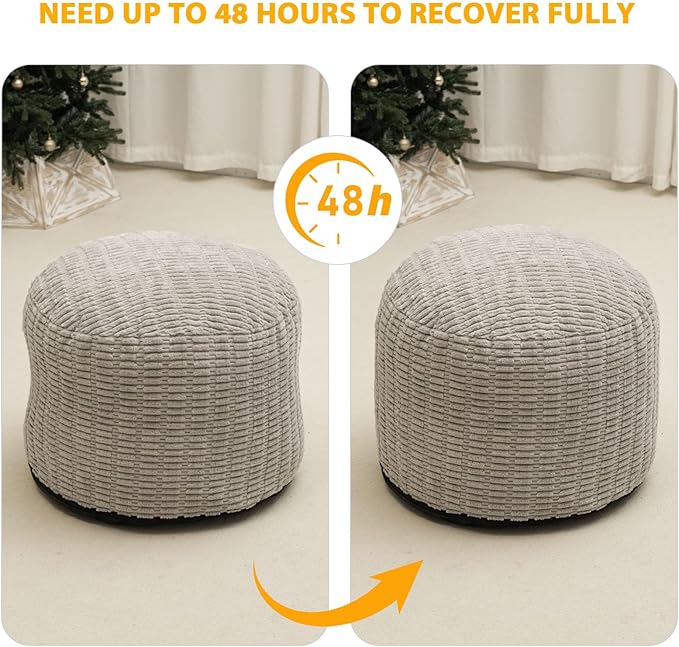 Round Stuffed Pouf Ottoman for Foot Rest, Storage Ottoman Pouf Foot Stool Cushion, Faux Fur Poufs with Foam Chunk Filling, 20 X 15 Inch Floor Chair for Living Room Bedroom Home Decor, Light Gray