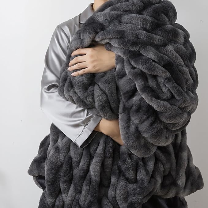 WDCOZY Ruched Faux Fur Throw Blanket Soft Cozy Fluffy Luxurious Blankets Couch Bed Sofa Chair Home Decor Warm Furry Fall Winter Plush Rabbit Fur Bubble Blanket 60" x 80", Dark Grey