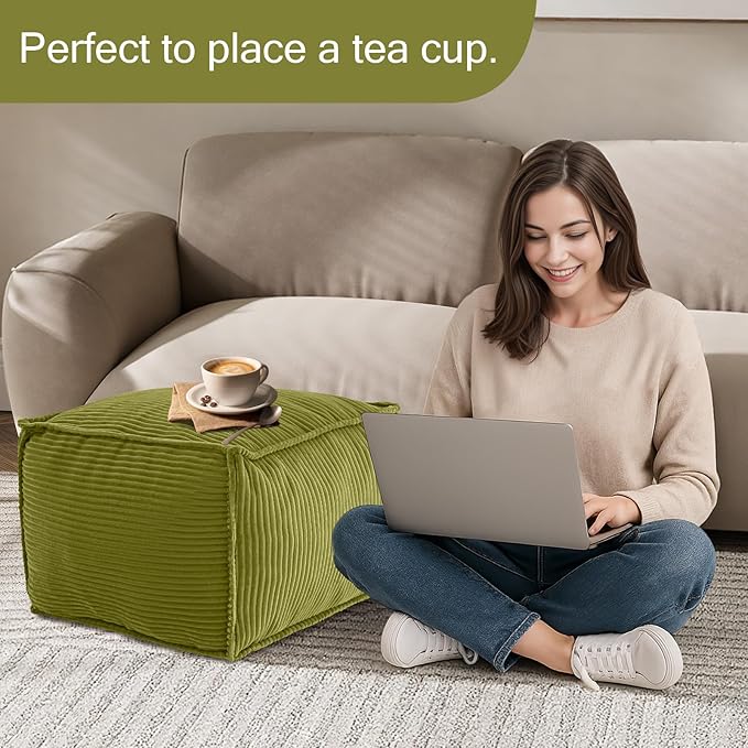 MeMoreCool Square Stuffed Pouf Ottoman Foot Rest, Corduroy Floor Pouf Foot Stool with Foam Chunk Filling, Soft Stuffed Ottoman Footrest for Living Room, Green