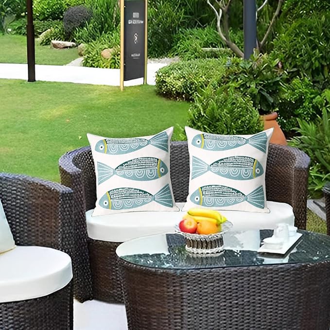 1 PCS Embroidered Throw Pillow Cover Cotton Decorative Square Cushion Cases for Home Sofa Bed and Chair 18 x 18 Inch (Blue Fish)