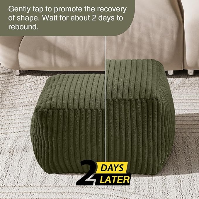 MeMoreCool Square Stuffed Pouf Ottoman Foot Rest, Stripe Furry Floor Pouf Foot Stool with Foam Chunk Filling, Soft Fluffy Stuffed Ottoman Footrest for Living Room, Faux Fur Green