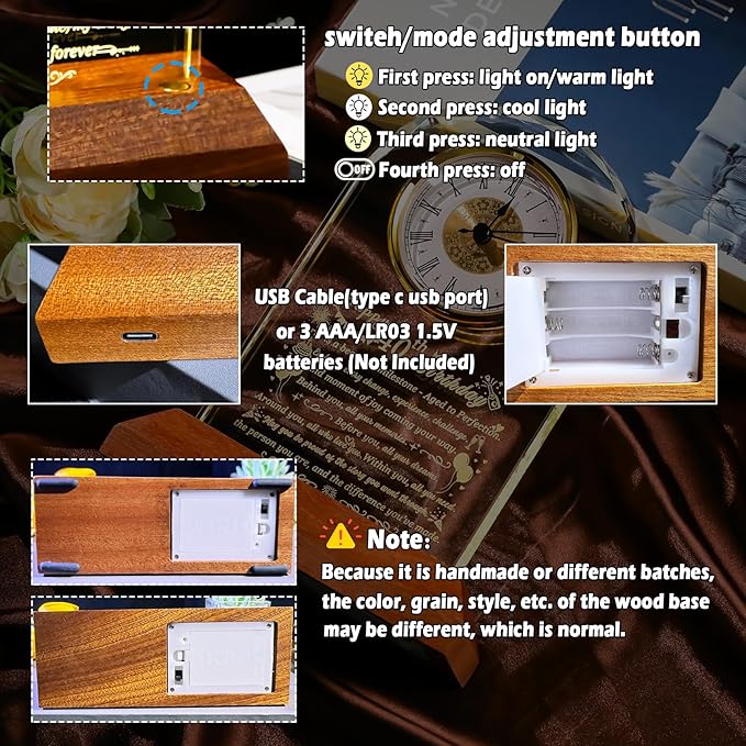 Happy 40th Birthday Glass Clock Gifts for Women, Men - 40 Year Old Birthday Gift with Wooden Light Base for Her Him, Turning 40 Quartz Clock Gift Idea for Mom Dad Unique Keepsake