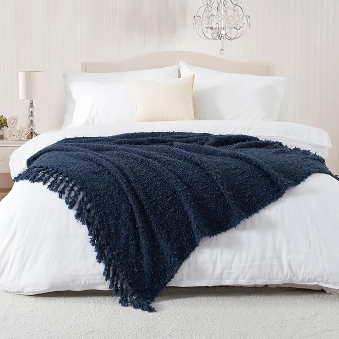 Winter Knit Throw Blanket Fluffy Fuzzy Soft Lightweight Cozy Farmhouse Tassels Chunky Knitted Throws for Couch Sofa Bed (Navy Blue, 60"x80")