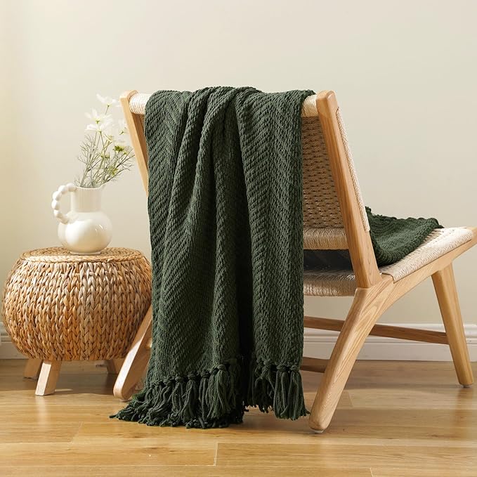BATTILO HOME Olive Green Chenille Throw Blanket for Bed, Knit Throw Blanket,Super Soft Warm Home Decor Throw Blanket with Tassels for Couch,Sofa and Living Room,50" x 60"