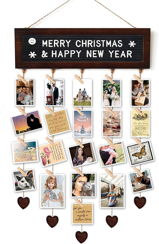 Felt Letter Board with 340 Letters and 30 Clips - Rustic Picture Frames Collage Wall Decor Sign - Multi Photos Cards Organizer 15.7x5 Inches (Walnut)