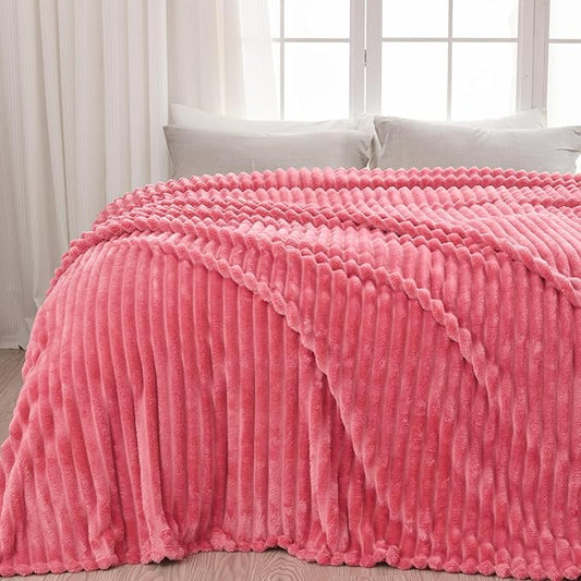 NEWCOSPLAY Super Soft King Blanket Coral Pink Premium Silky Flannel Fleece 3D Ribbed Jacquard Lightweight Bed Blanket All Season Use (Coral Pink Ribbed, King(90"x110"))