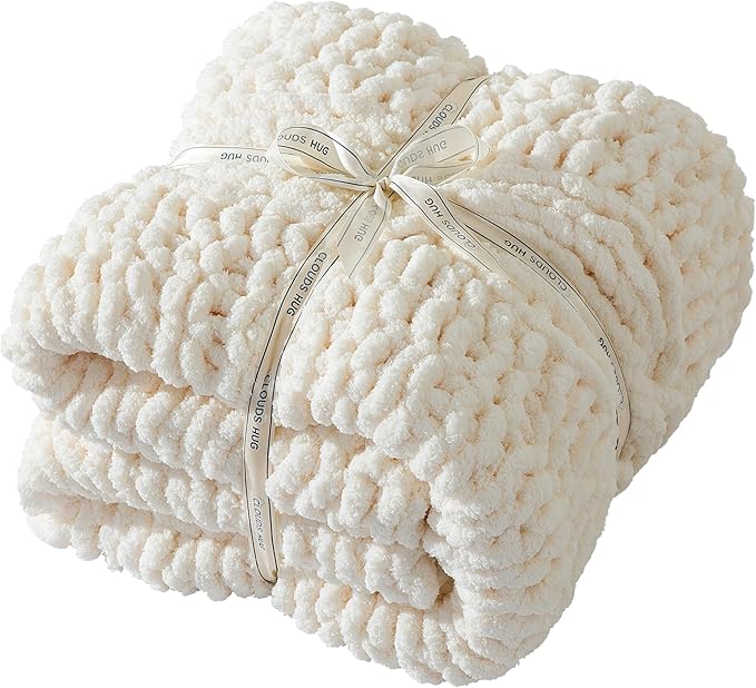 Chunky Knit Blanket Throw - 100% Hand Knitted Chunky Soft Throw Blanket for Couch, Thick and Warm Blanket for Winter, White, 50x60 Inches