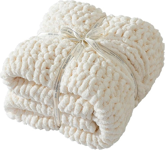 Chunky Knit Blanket Throw - 100% Hand Knitted Chunky Soft Throw Blanket for Couch, Thick and Warm Blanket for Winter, White, 50x60 Inches