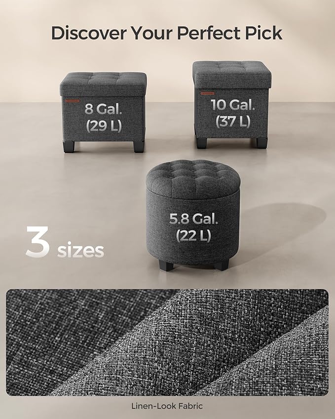 SONGMICS Round Ottoman, Ottoman with Storage, 17.7 Dia. x 17.5 H Inches Foot Rest with Legs, Load up to 330 lb, for Living Room, Bedroom, Dark Gray ULOM011G01