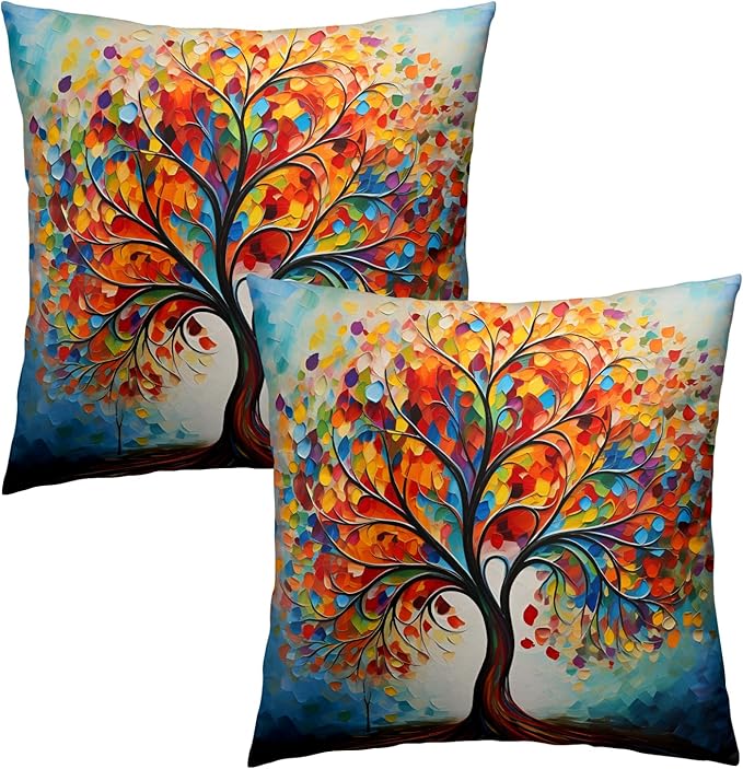 Colorful Tree Painting Pillow Cover - Watercolor Trees Throw Pillow Covers 20x20 Set of 2 Botanical Throw Pillow Covers Forest Pillowcase Spring Summer Decor for Indoor Outdoor