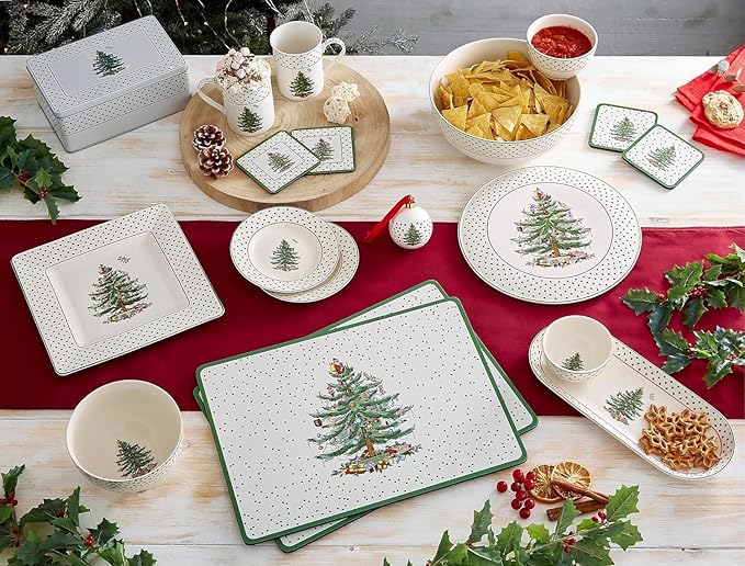 Spode Christmas Tree 2-Piece Polka Dot Chip and Dip Serving Set - 13-Inch Oval Plate with Dip Bowl - Festive Christmas Serveware, Durable Porcelain, Dishwasher, Microwave, Freezer Safe