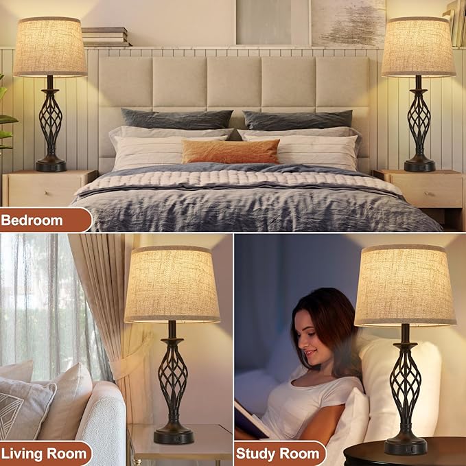 Table Lamp for Bedroom Set of 2 with USB C+A Ports, Modern Bedside Lamps with Spiral Cage Base, Fabric Shade, Nightstand Lamp for Living Room Reading Bed Side End Table, 2 LED Bulbs Included Black