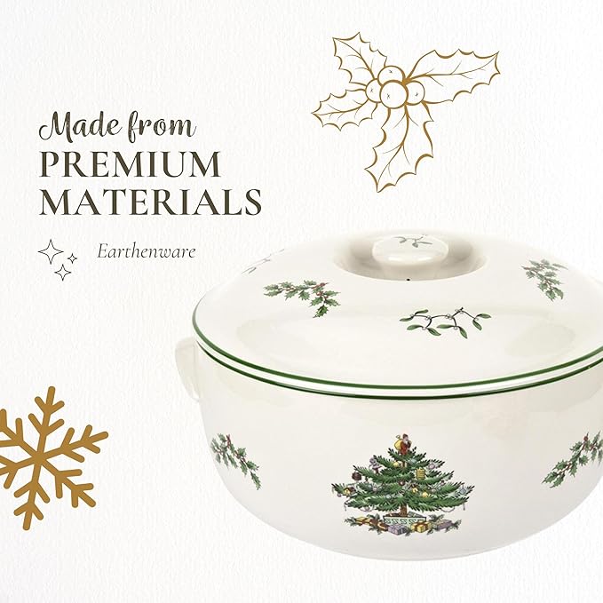 Spode Christmas Tree Round Covered Deep Casserole Dish (8.75" x 5") - Festive Holiday Serveware & Vintage Christmas Table Centerpiece - Fine Earthenware Classic Holiday Bakeware