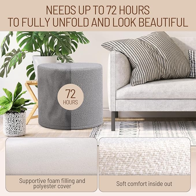 Round Pouf Ottoman and Foot Rest, Soft Boucle Footstool Ottomans for Living Room, Comfort Sponge Stuffed Poofs for Couch Desk Resting Your Feet, Grey(17.1" D x 17.1" W x 14" H)