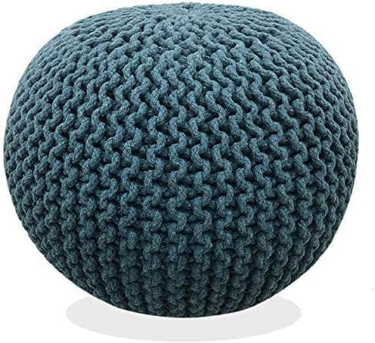 FRELISH DECOR Round Pouf Ottoman Hand Knitted 100% Cotton Pouf Foot Stool - Knitted Bean Bag - Floor Chair for Living Room Bedroom - Foot Rest for Couch (20 Diameter x 14 Height) - Teal