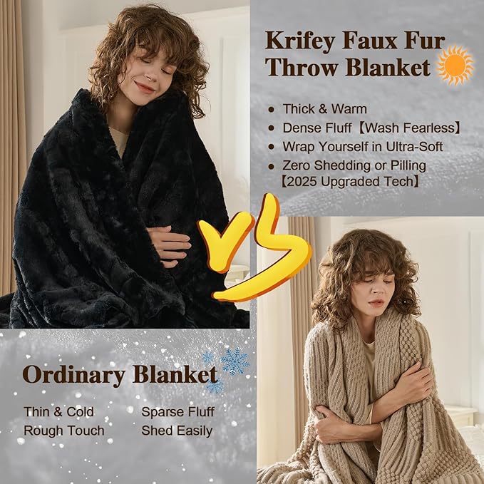Krifey Black Faux Fur Blanket for Bed, 3D Marble Texture Soft Cozy Fuzzy Plush Thick Warm Blanket, Faux Rabbit Fleece, Christmas Birthday Gifts for Men Dad, Cool Black, 60x80in