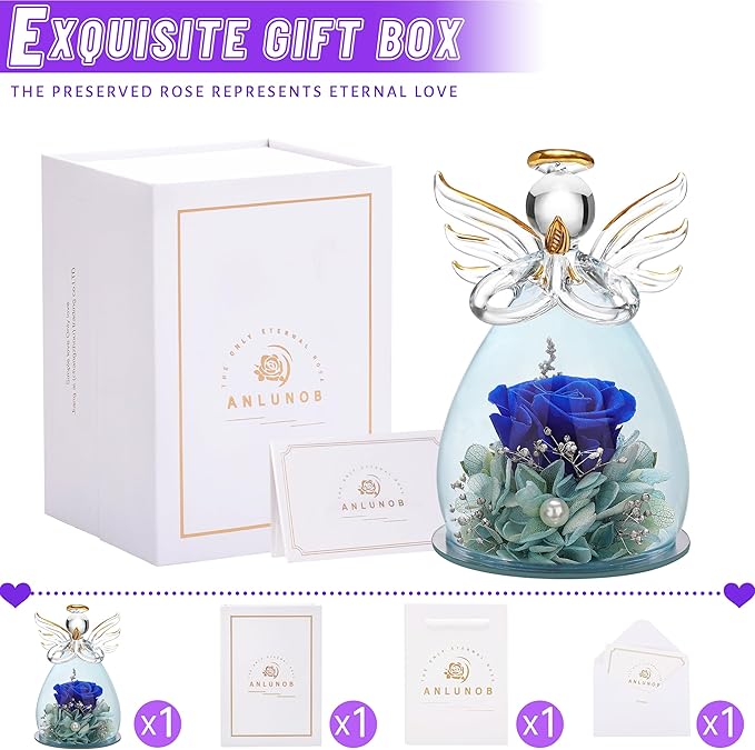 ANLUNOB Preserved Rose Birthday Gifts for Women Mom Grandma Wife, Glass Angel Figurines Gifts with Pretty Dark Blue Flowers for Anniversary Wedding